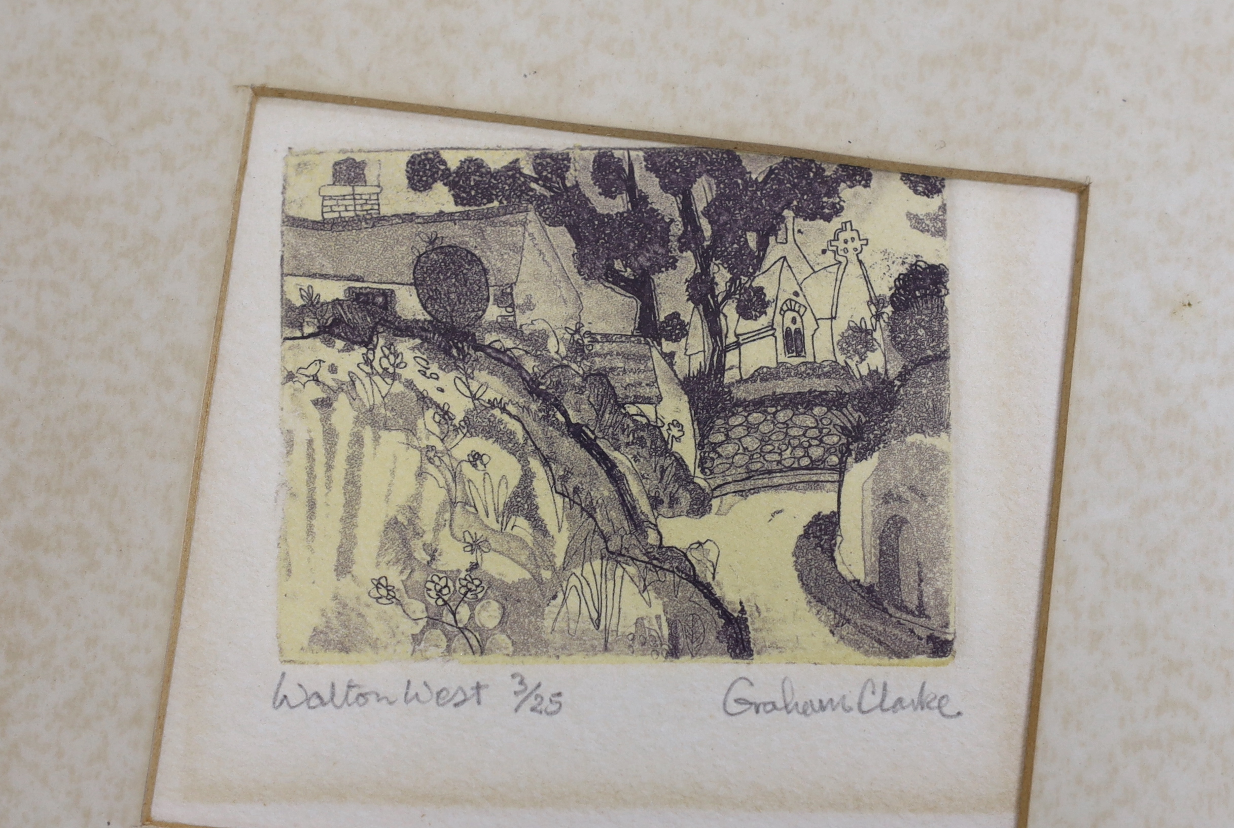Graham Clarke (b. 1941) three limited edition etchings comprising 'Walton West', 'Mowers' and 'Tom's', each signed in pencil, largest 19 x 24cm